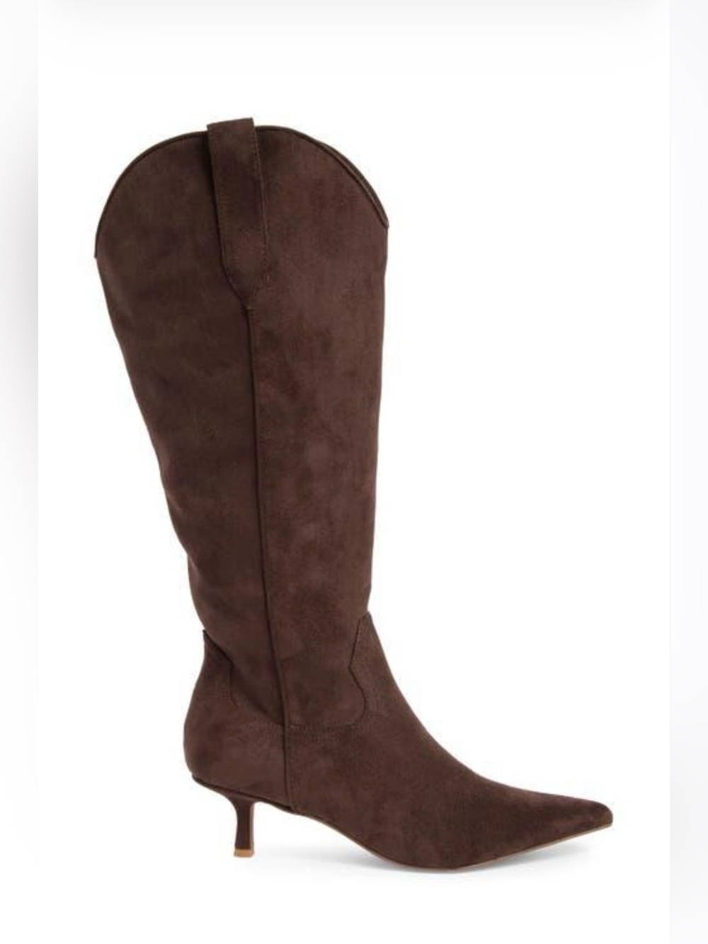 Women's Dark Brown Suede Knee-High Pointed-Toe Kitten Heel Boots